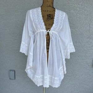 Women's S Babydoll Cover Up Wrap Robe Lace Embroidered Batwings Bridal White